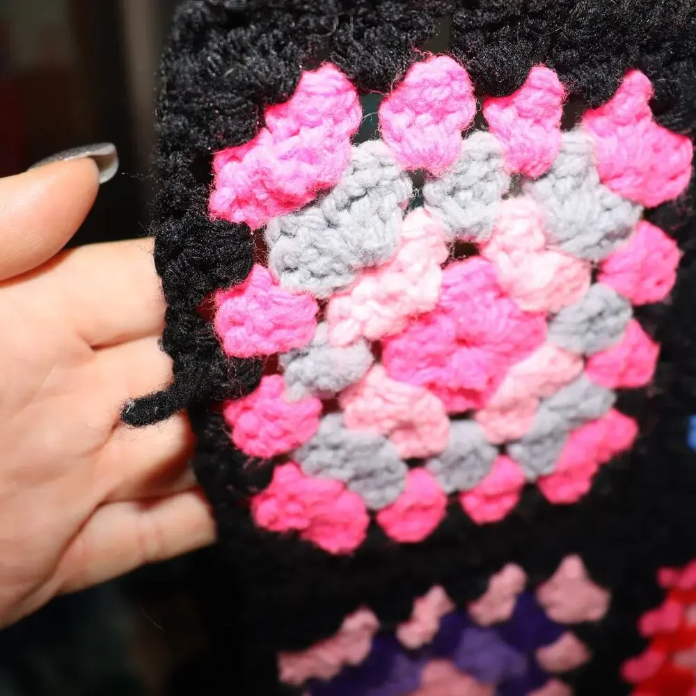 Vintage Granny Square‎ Crochet Blanket 60x54 Black Multicolor Throw